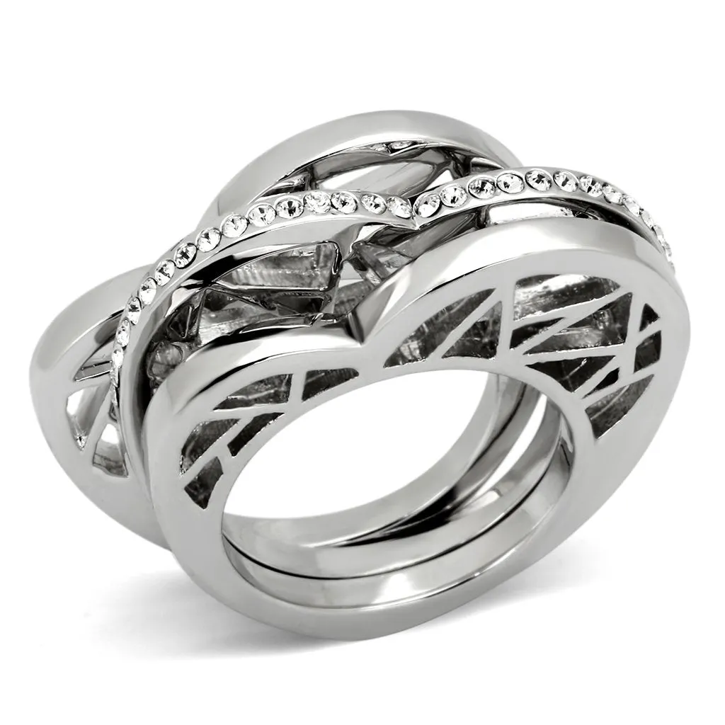High polished (no plating) Stainless Steel Ring with Top Grade Crystal in Clear for Women Style TK864