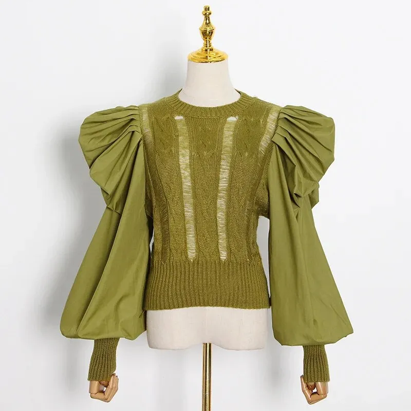 Hole Patchwork Sweater For Women O Neck Puff Sleeve Casual Pink Sweaters Female Spring Fashion Clothing