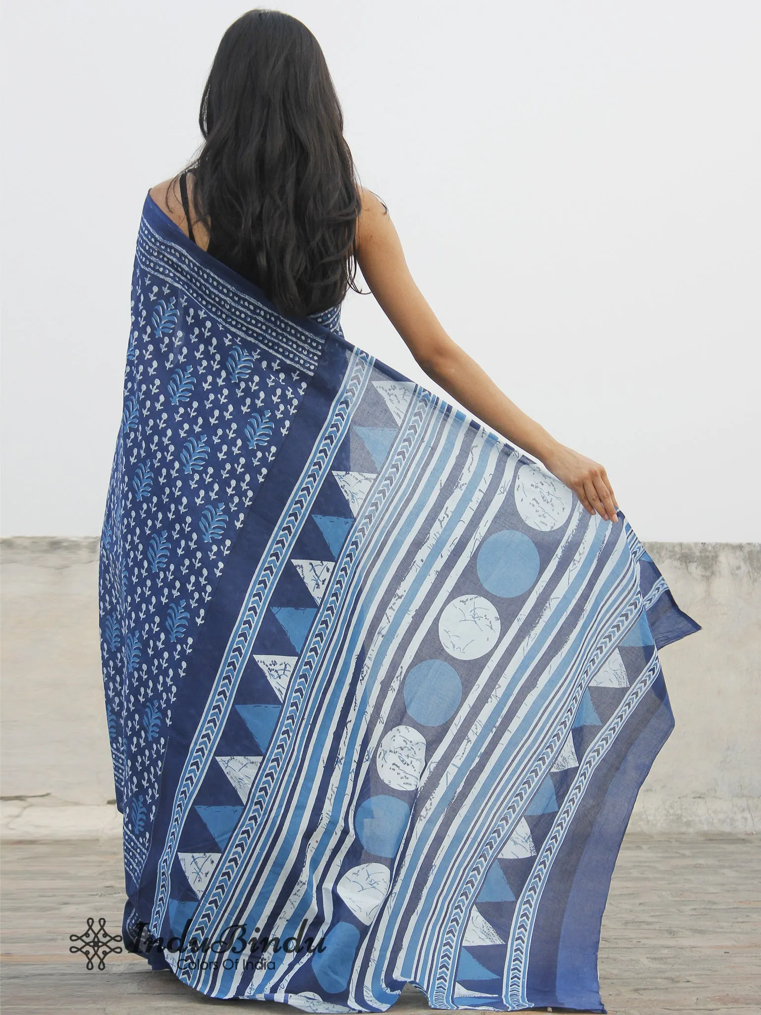 Indigo Blue White Hand Block Printed Cotton Saree In Natural Colors - S031702386
