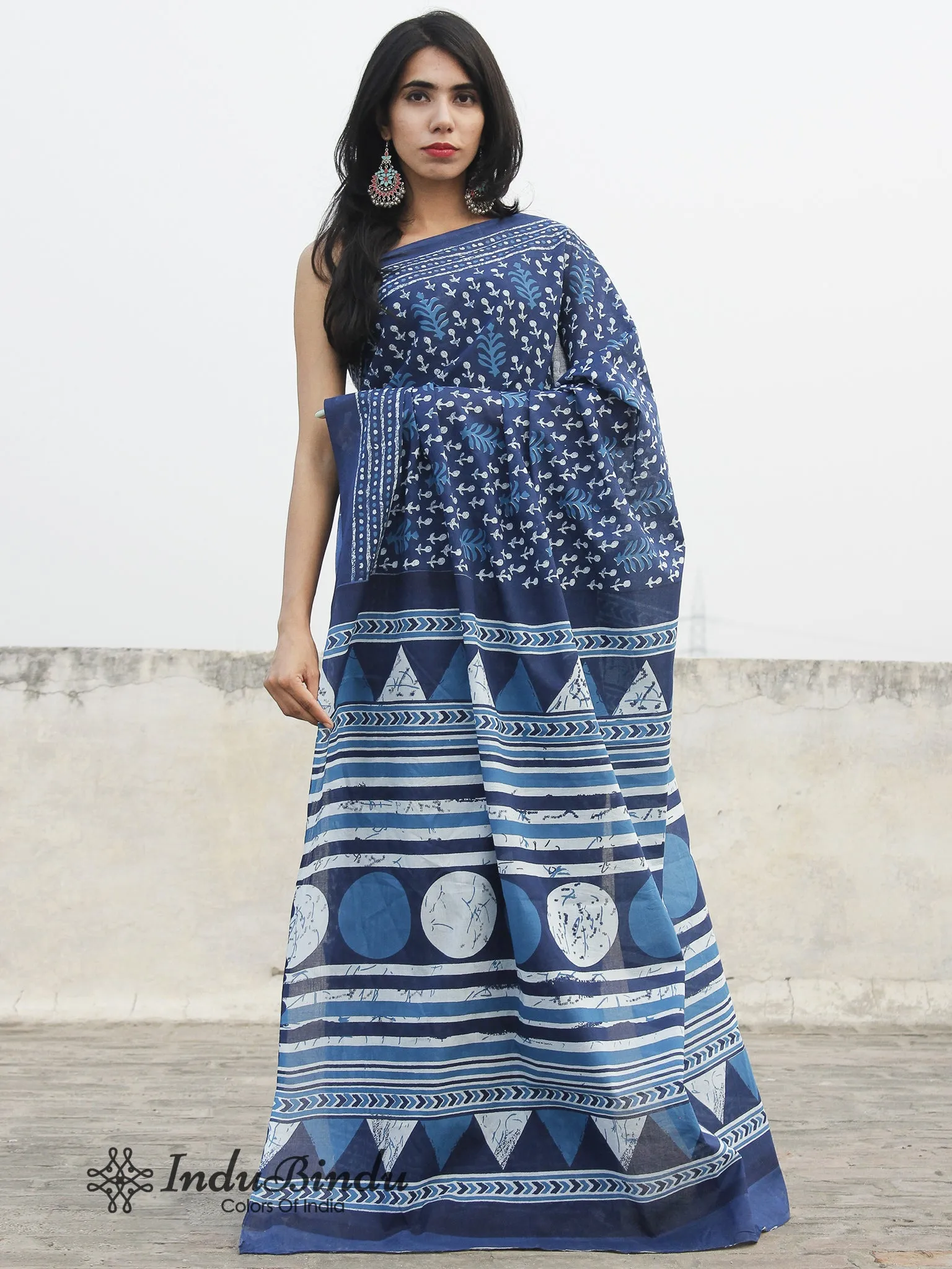 Indigo Blue White Hand Block Printed Cotton Saree In Natural Colors - S031702386