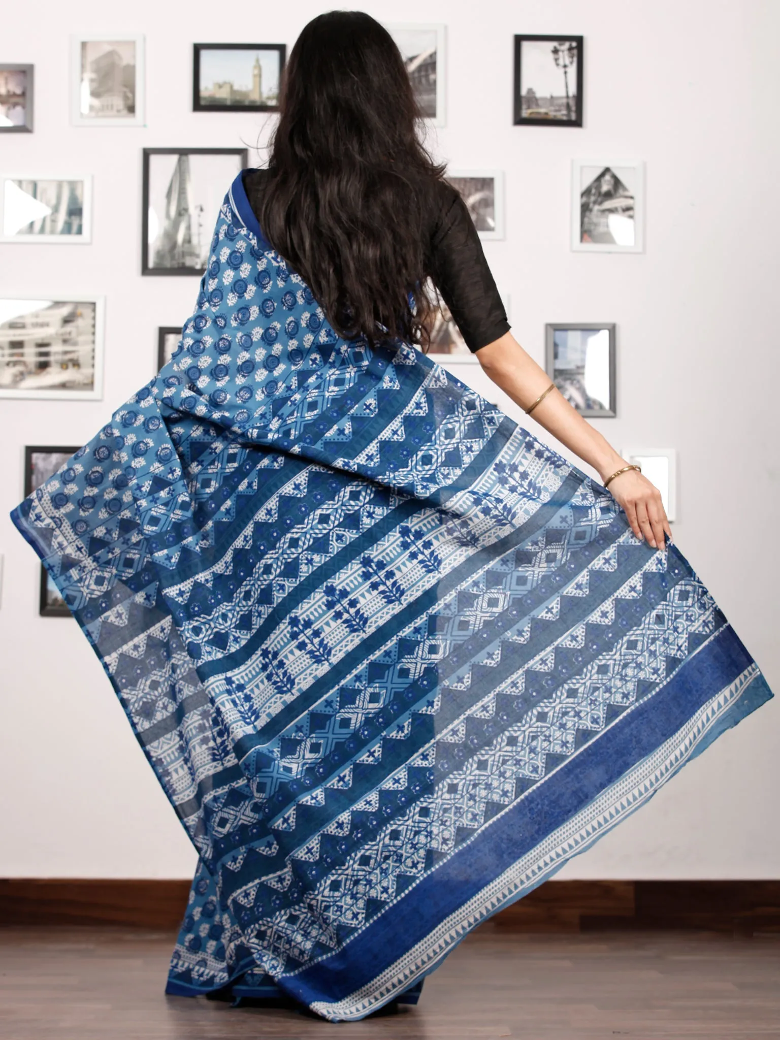 Indigo White Black Rust Hand Block Printed Cotton Saree In Natural Colors - S031702919