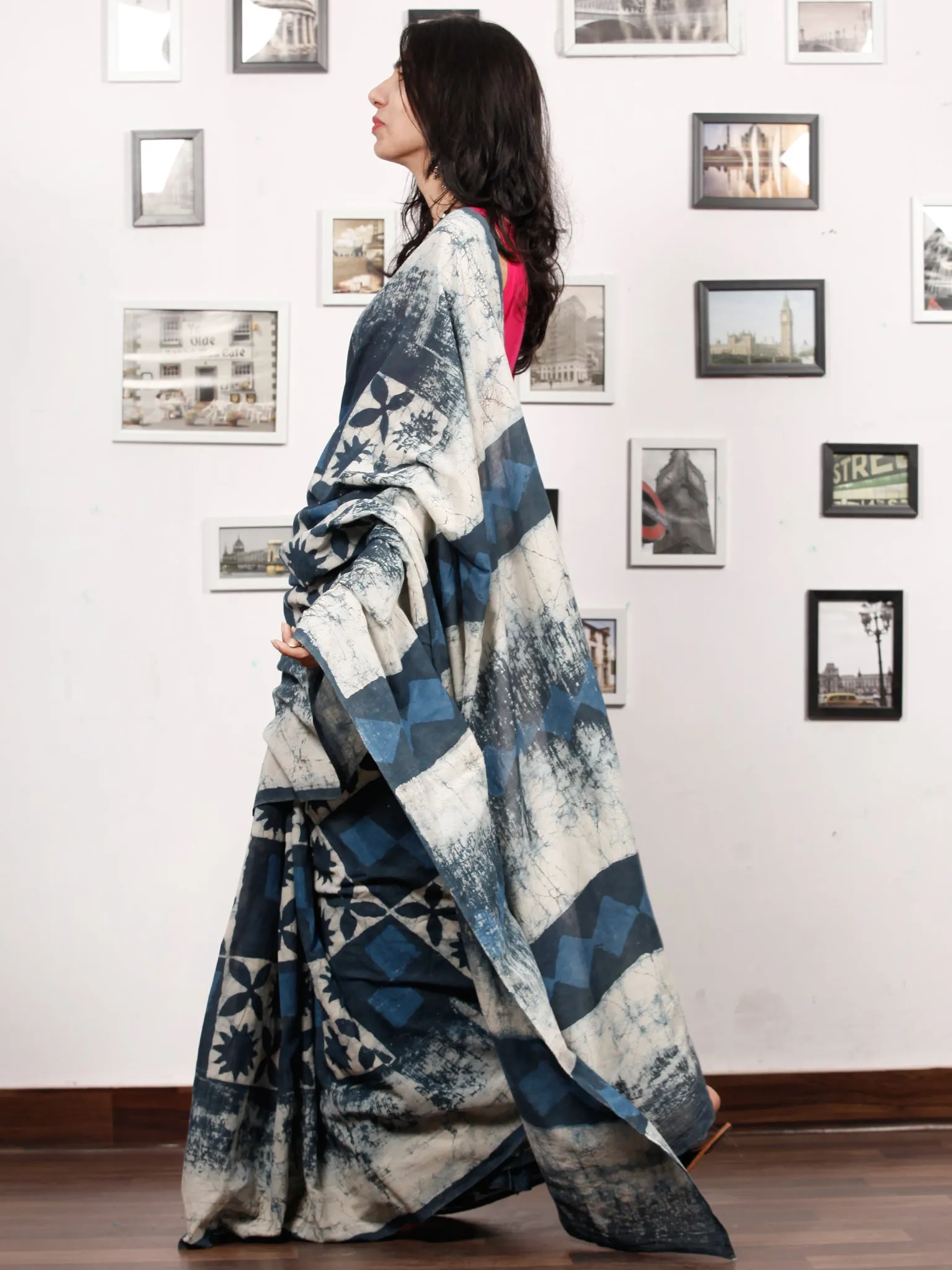 Indigo White Hand Block Printed Cotton Mul Saree - S031703485