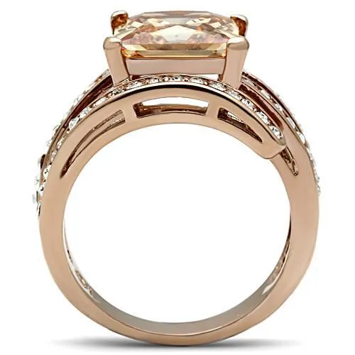 IP Rose Gold(Ion Plating) Stainless Steel Ring with AAA Grade CZ in Champagne for Women Style TK1665