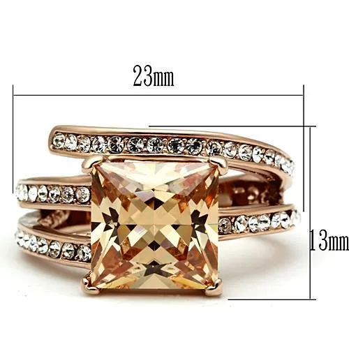 IP Rose Gold(Ion Plating) Stainless Steel Ring with AAA Grade CZ in Champagne for Women Style TK1665