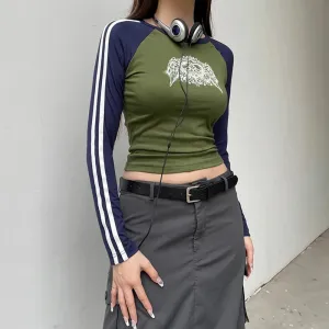 Korean Vintage Stitch Stripe Women Tees Print Crew Neck Raglan Sleeve Autumn T-shirt Bodycon Top Contrast Color Y2K