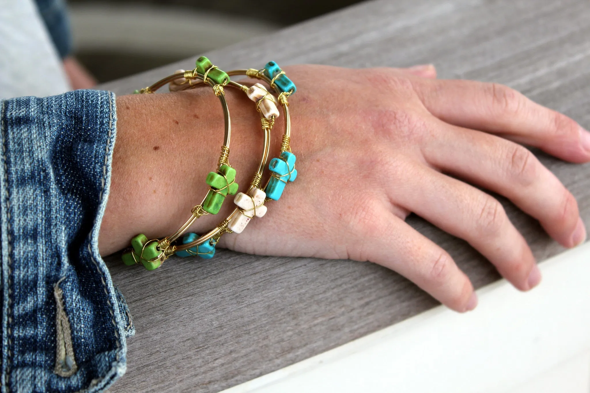 Large Stone Cross Bone Bangle Bracelet