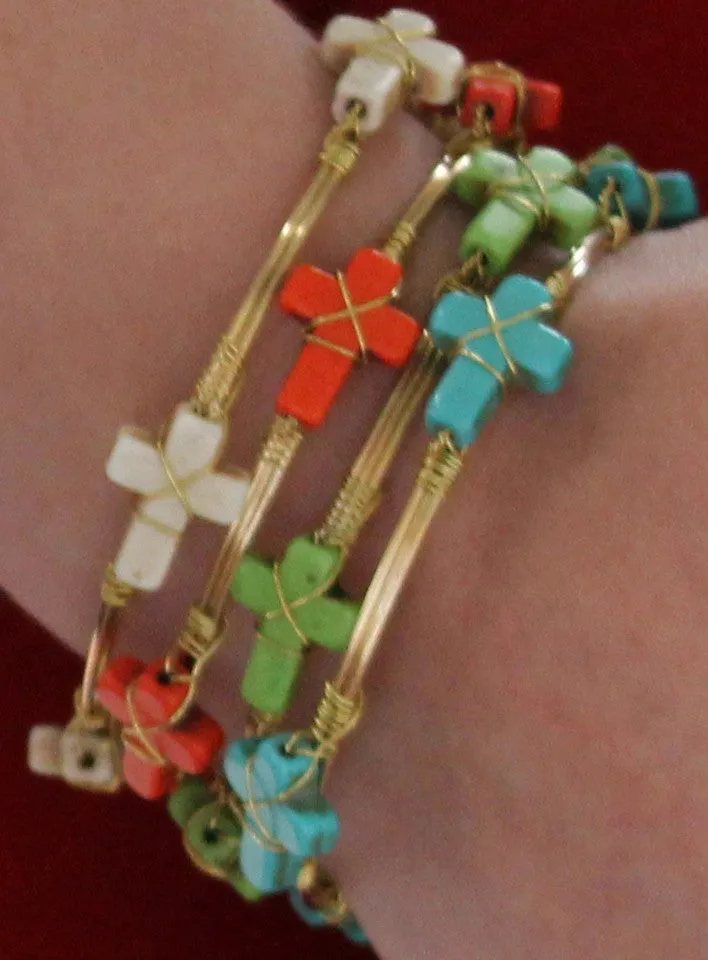 Large Stone Cross Bone Bangle Bracelet