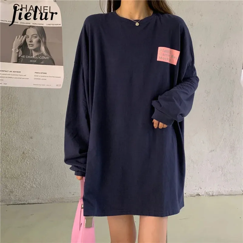 Loose Split Long-sleeved Women T-shirt O-neck White Tops High Street Mid-length Tee Shirt Female Letter Printed Tees M-XL