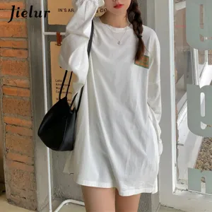 Loose Split Long-sleeved Women T-shirt O-neck White Tops High Street Mid-length Tee Shirt Female Letter Printed Tees M-XL