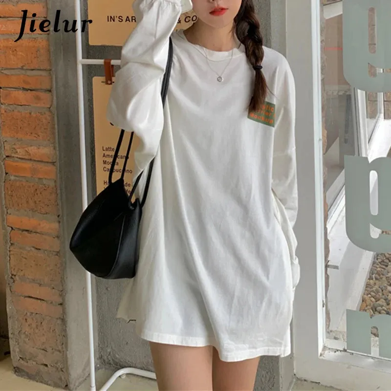 Loose Split Long-sleeved Women T-shirt O-neck White Tops High Street Mid-length Tee Shirt Female Letter Printed Tees M-XL