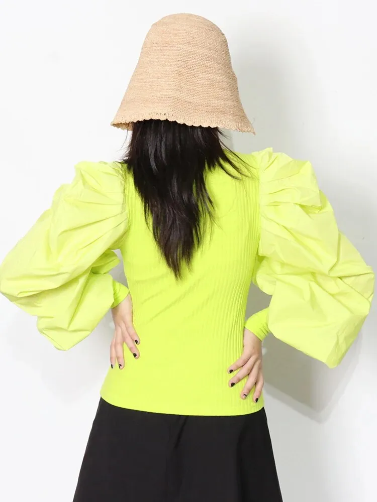 Patchwork Knitting Ruffle White Women's Sweaters O Neck Puff Sleeve Female Sweater Spring Big Size Fashion