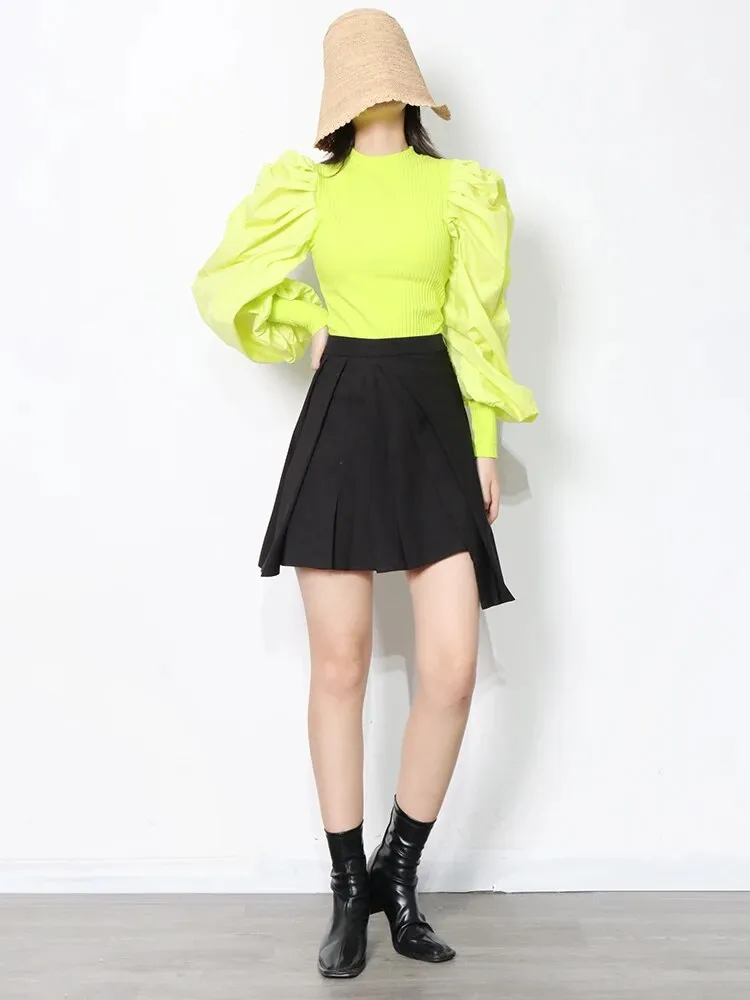 Patchwork Knitting Ruffle White Women's Sweaters O Neck Puff Sleeve Female Sweater Spring Big Size Fashion