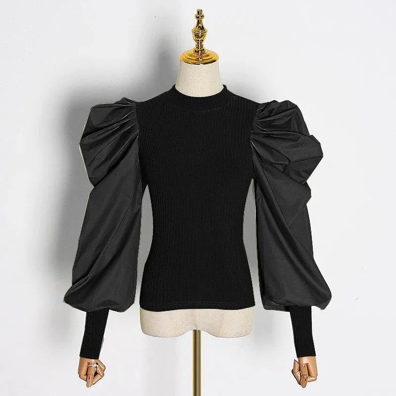 Patchwork Knitting Ruffle White Women's Sweaters O Neck Puff Sleeve Female Sweater Spring Big Size Fashion