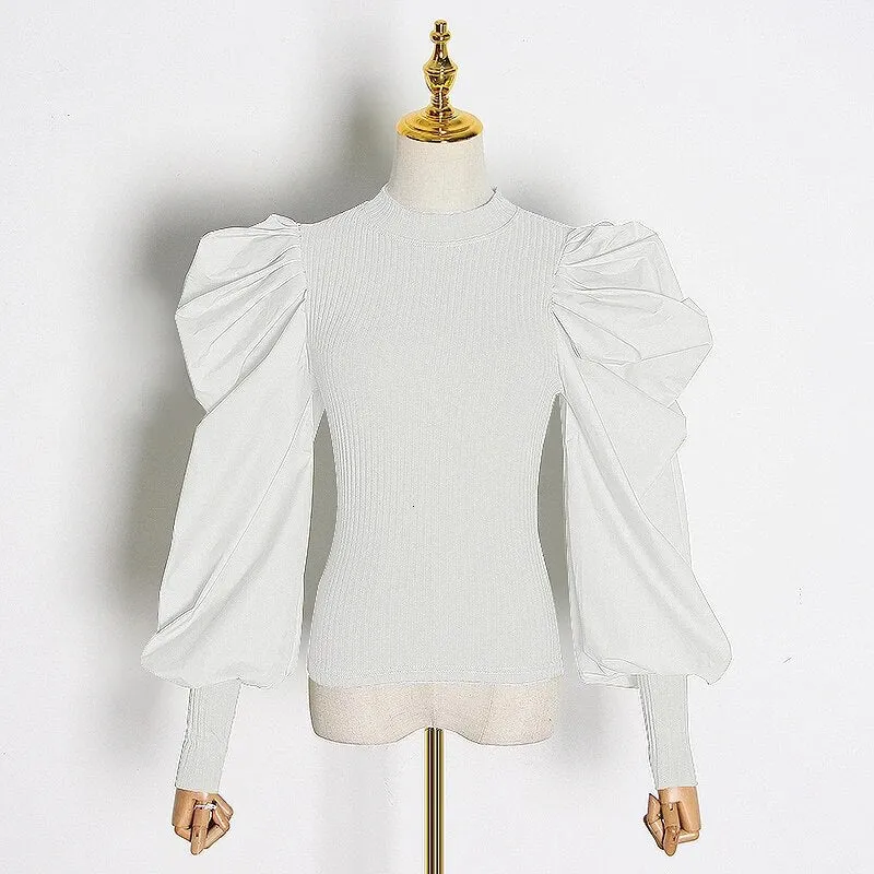 Patchwork Knitting Ruffle White Women's Sweaters O Neck Puff Sleeve Female Sweater Spring Big Size Fashion