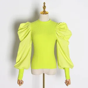 Patchwork Knitting Ruffle White Women's Sweaters O Neck Puff Sleeve Female Sweater Spring Big Size Fashion