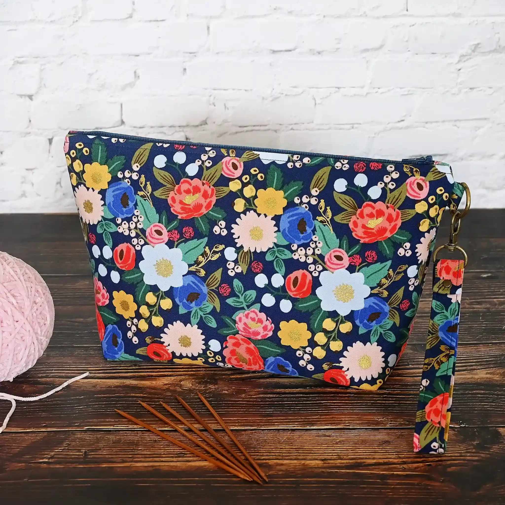 Pretty Navy Floral Zippered Sock Project Bag in Rifle Paper Co's Antique Garden