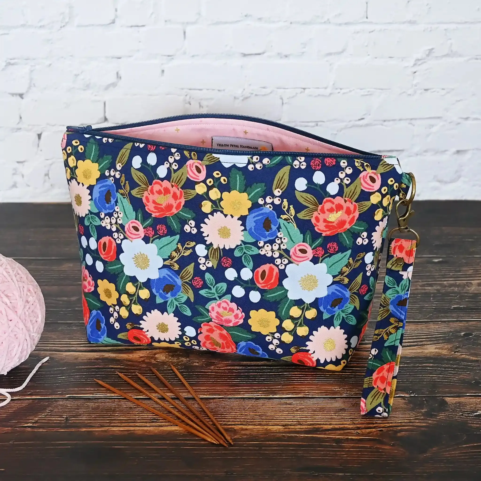 Pretty Navy Floral Zippered Sock Project Bag in Rifle Paper Co's Antique Garden