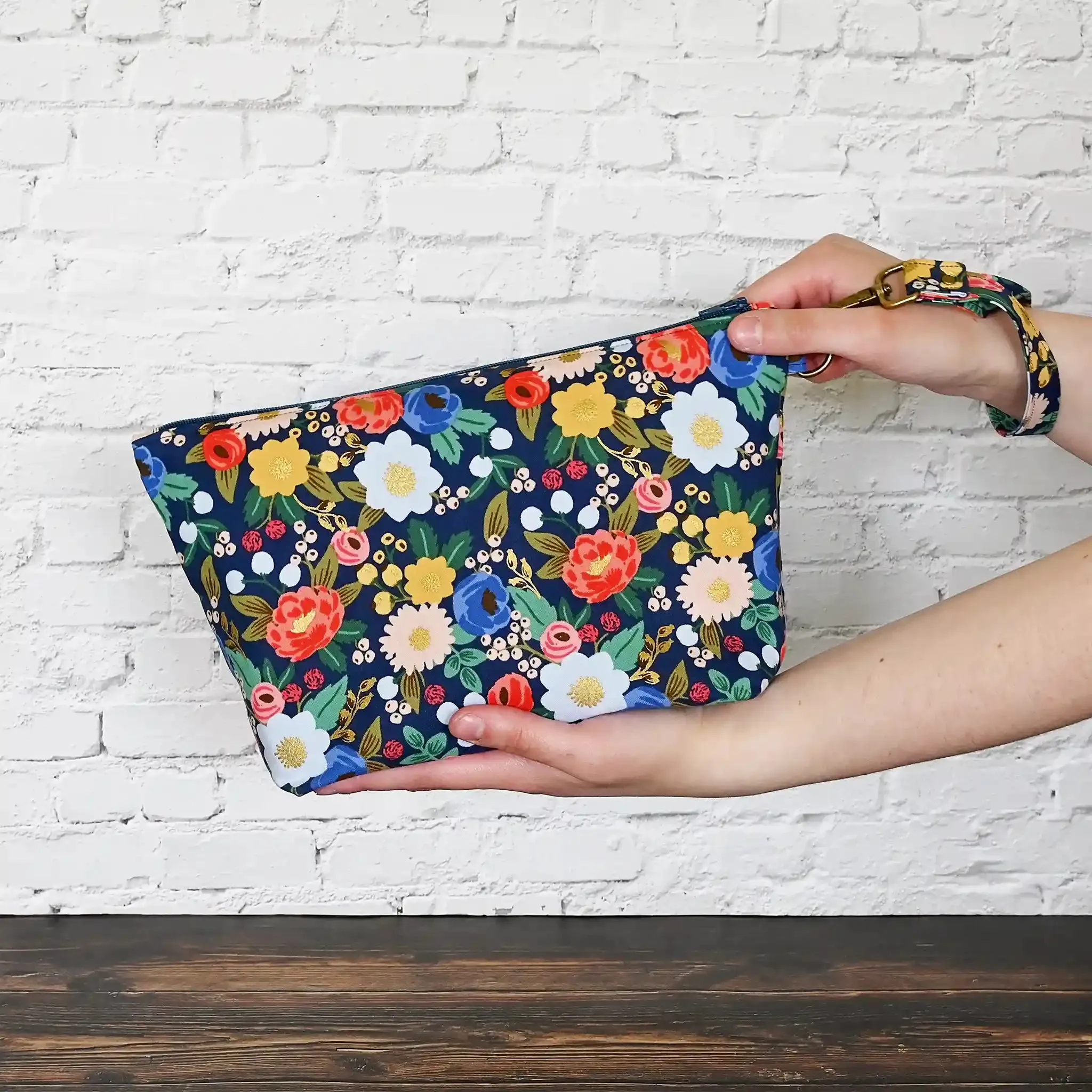 Pretty Navy Floral Zippered Sock Project Bag in Rifle Paper Co's Antique Garden