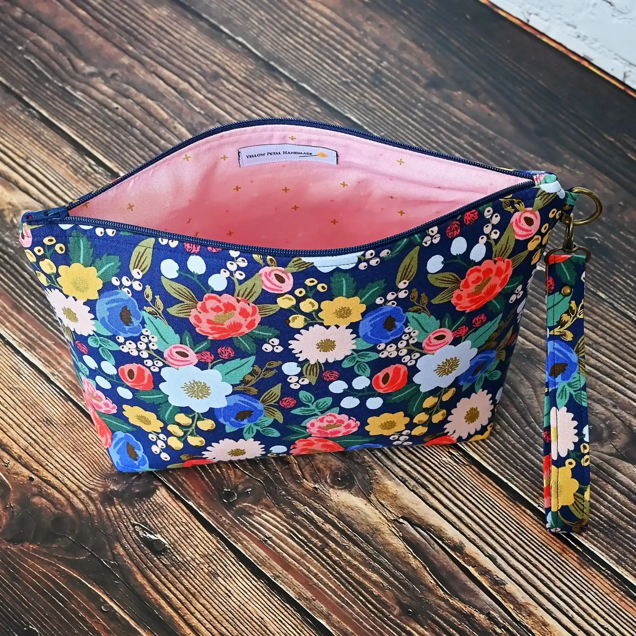 Pretty Navy Floral Zippered Sock Project Bag in Rifle Paper Co's Antique Garden