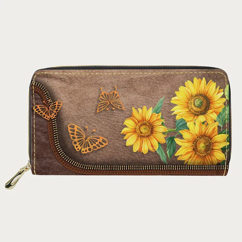 PU Leather Wallet For Women Butterfly Sunflower Pattern Long Purse