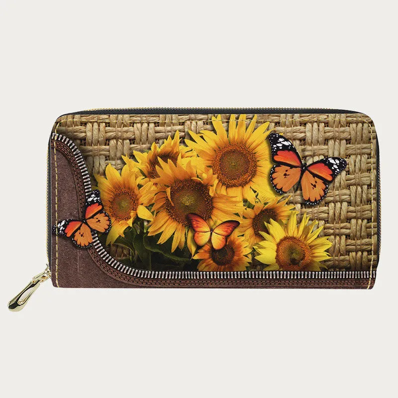PU Leather Wallet For Women Butterfly Sunflower Pattern Long Purse