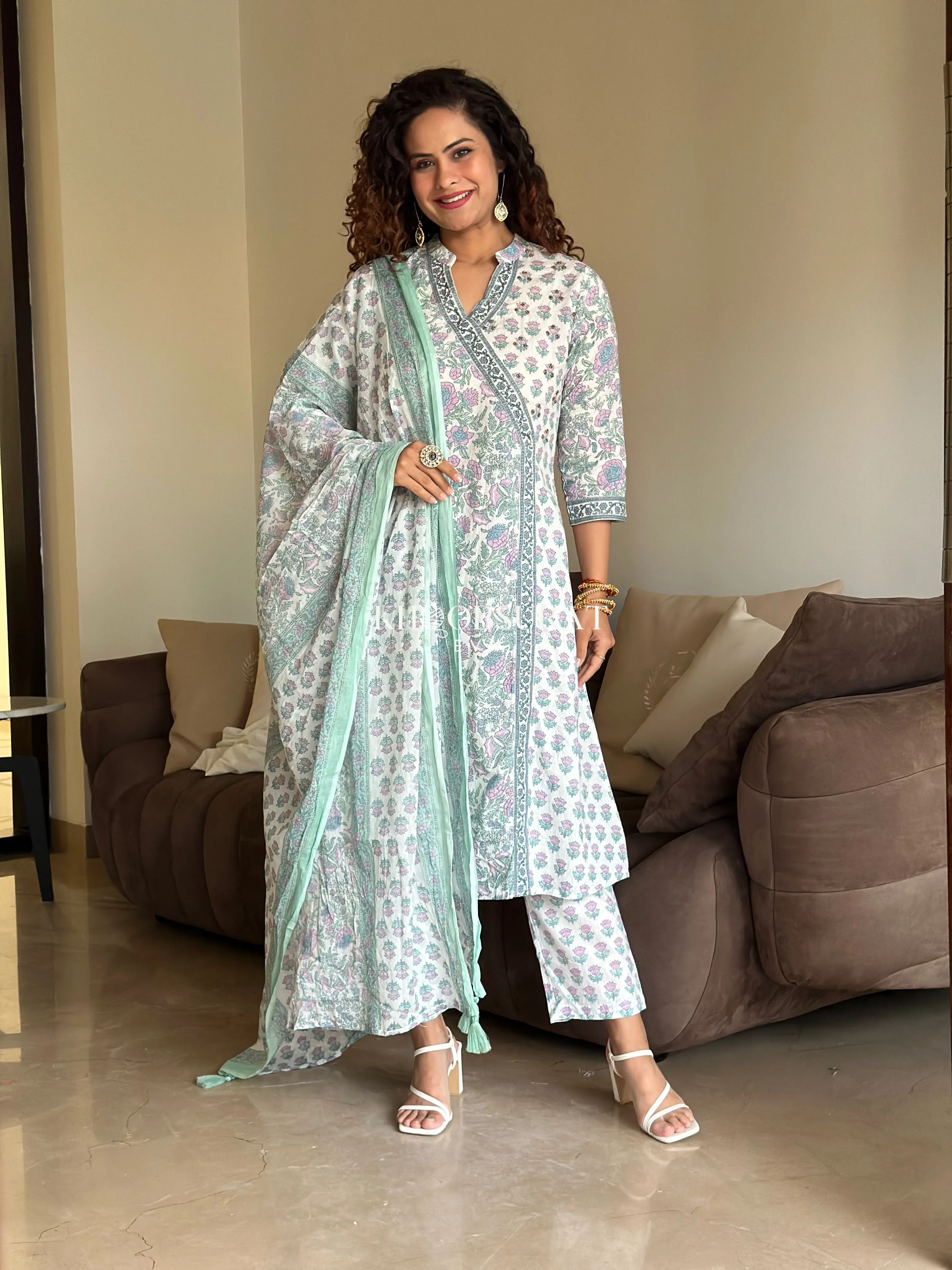Purple White Hand Block Printed Cotton Suit