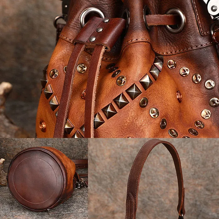 Rivets Leather Bucket Bag Designer Crossbody Bags Purse for Women