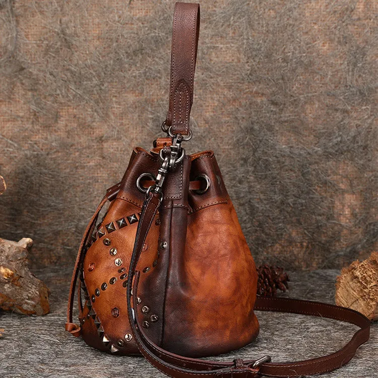 Rivets Leather Bucket Bag Designer Crossbody Bags Purse for Women