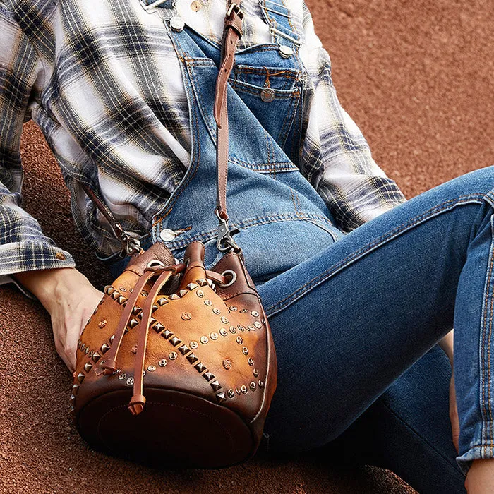 Rivets Leather Bucket Bag Designer Crossbody Bags Purse for Women