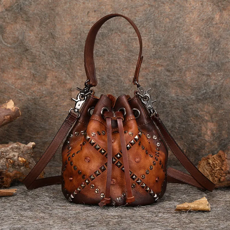 Rivets Leather Bucket Bag Designer Crossbody Bags Purse for Women