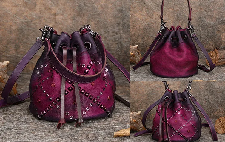 Rivets Leather Bucket Bag Designer Crossbody Bags Purse for Women