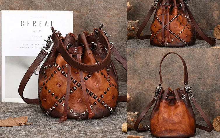 Rivets Leather Bucket Bag Designer Crossbody Bags Purse for Women