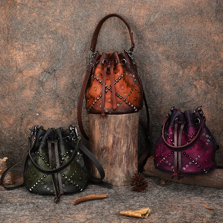 Rivets Leather Bucket Bag Designer Crossbody Bags Purse for Women