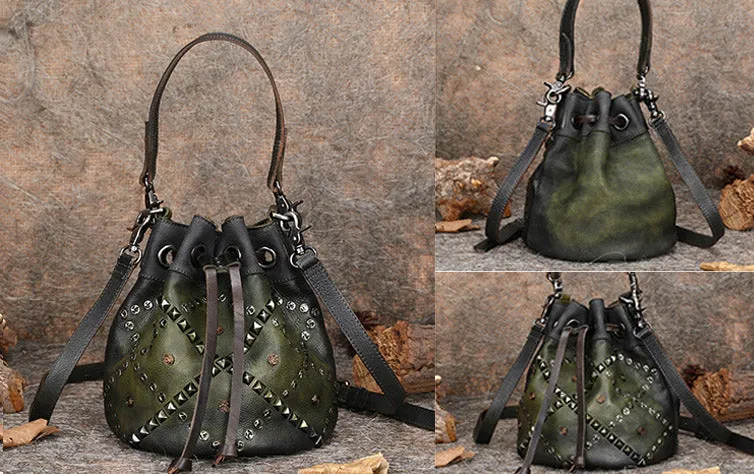 Rivets Leather Bucket Bag Designer Crossbody Bags Purse for Women