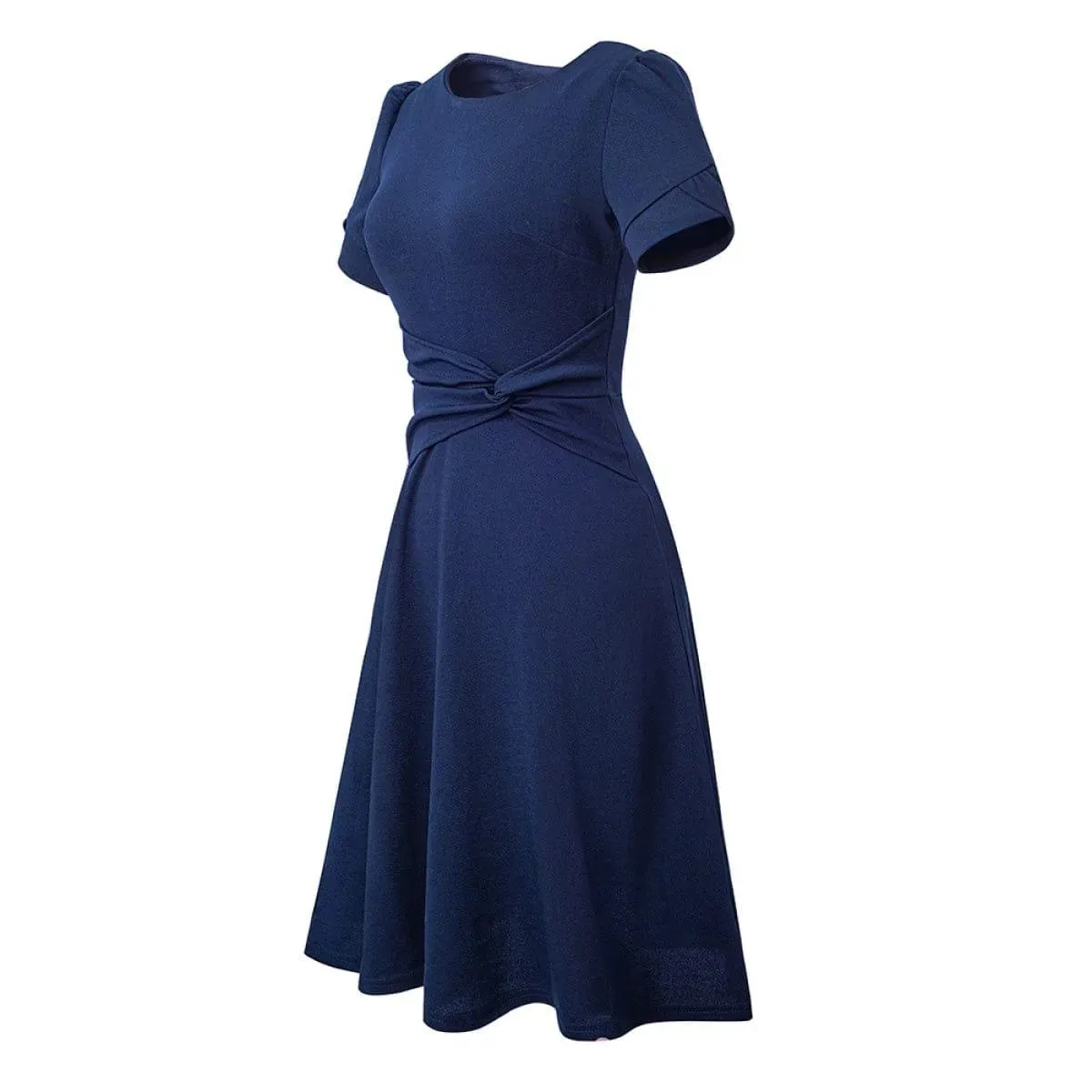 Round Neck Short Sleeve Knot Waist Solid Color Mini Dress