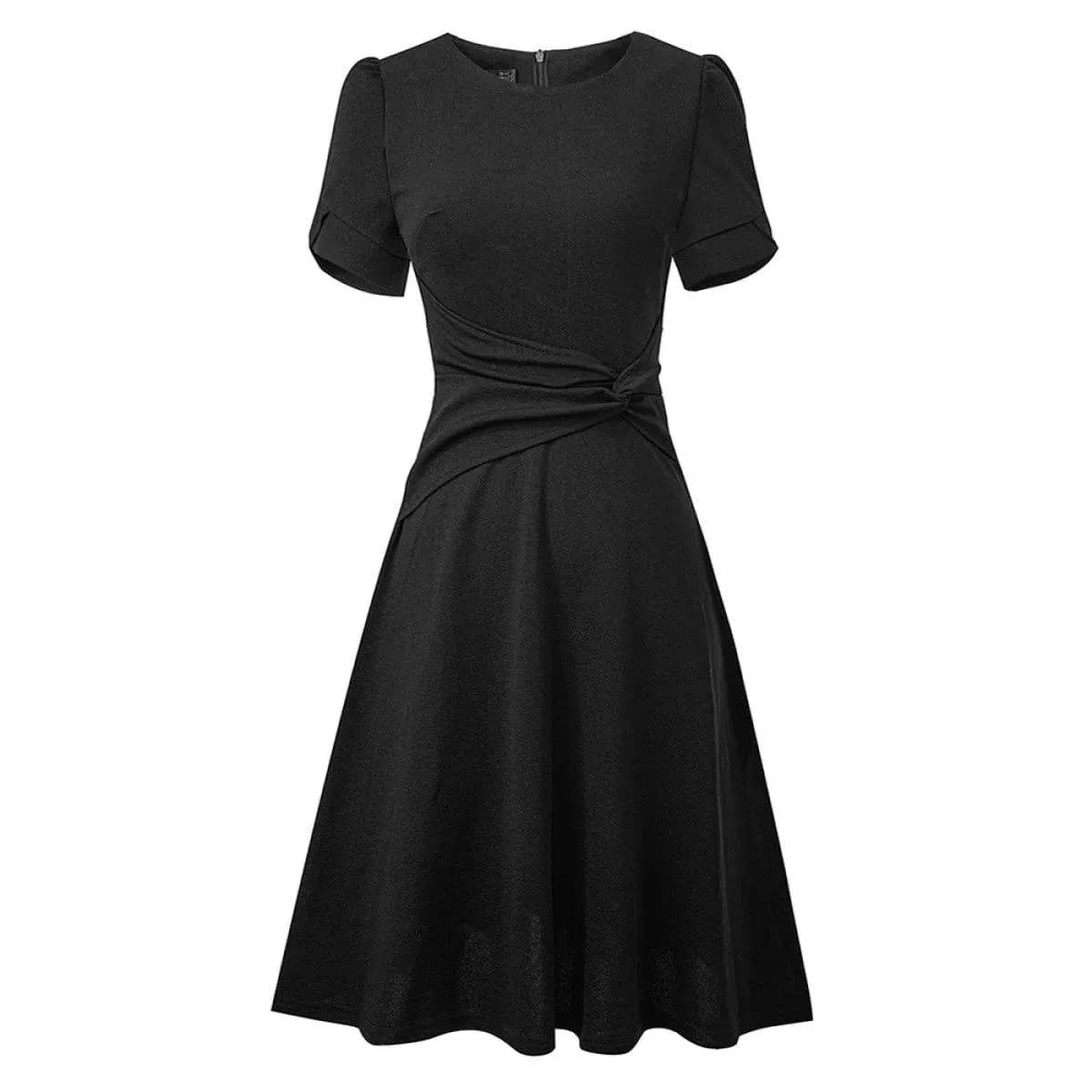 Round Neck Short Sleeve Knot Waist Solid Color Mini Dress