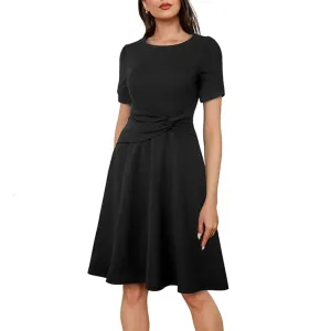 Round Neck Short Sleeve Knot Waist Solid Color Mini Dress