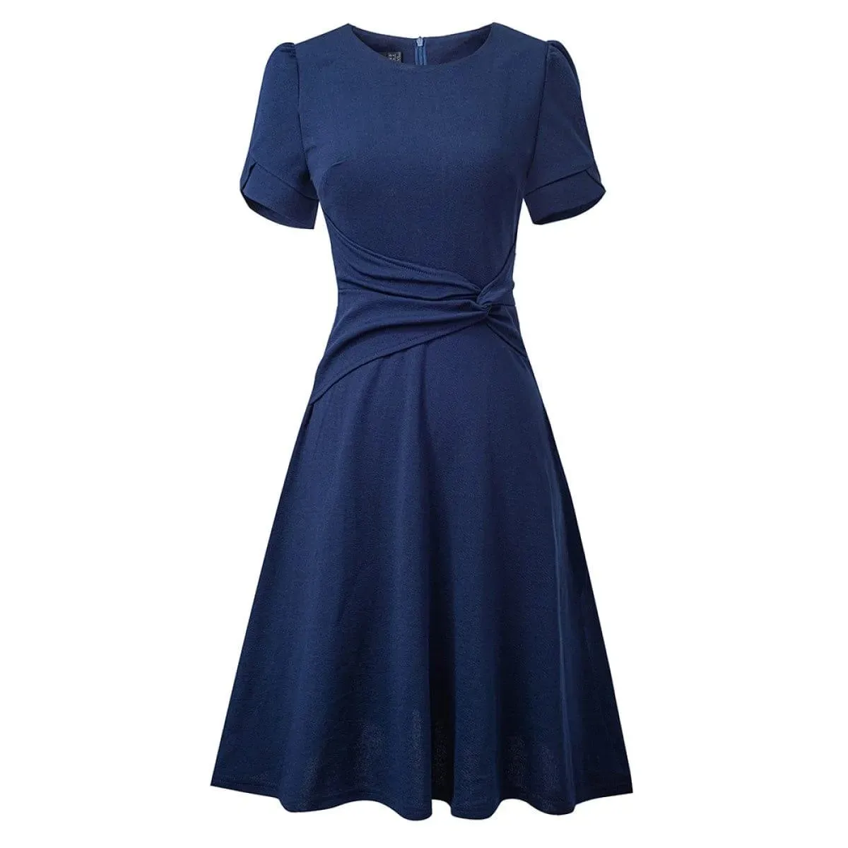 Round Neck Short Sleeve Knot Waist Solid Color Mini Dress