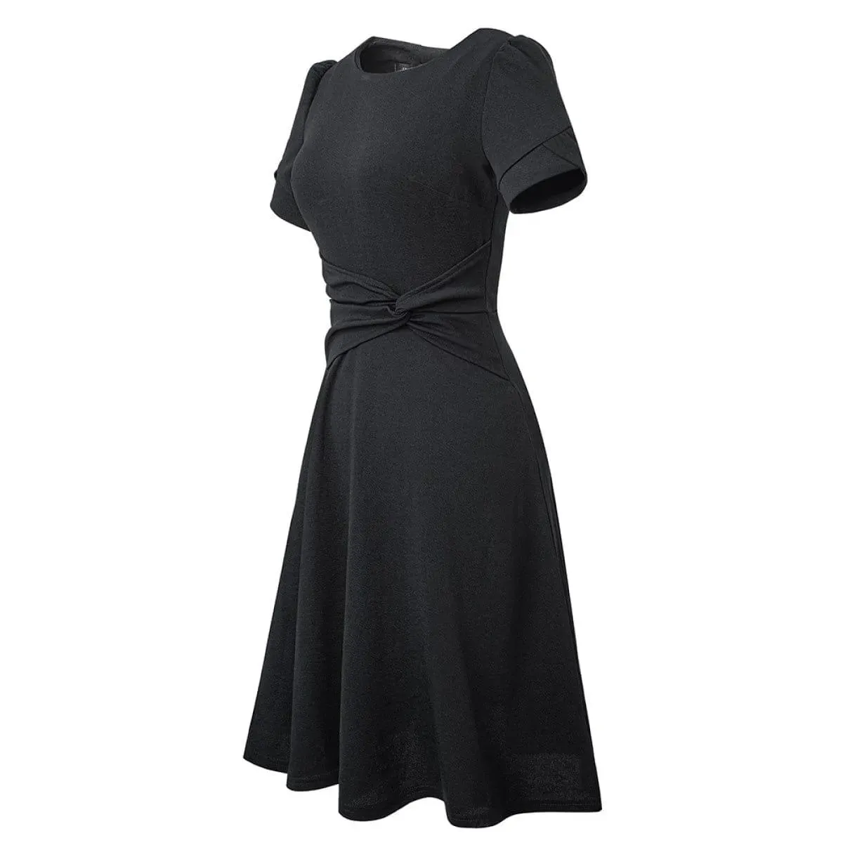 Round Neck Short Sleeve Knot Waist Solid Color Mini Dress