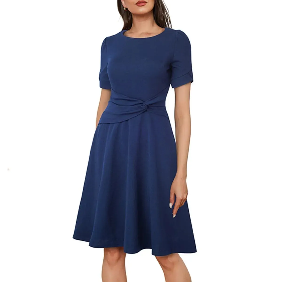 Round Neck Short Sleeve Knot Waist Solid Color Mini Dress