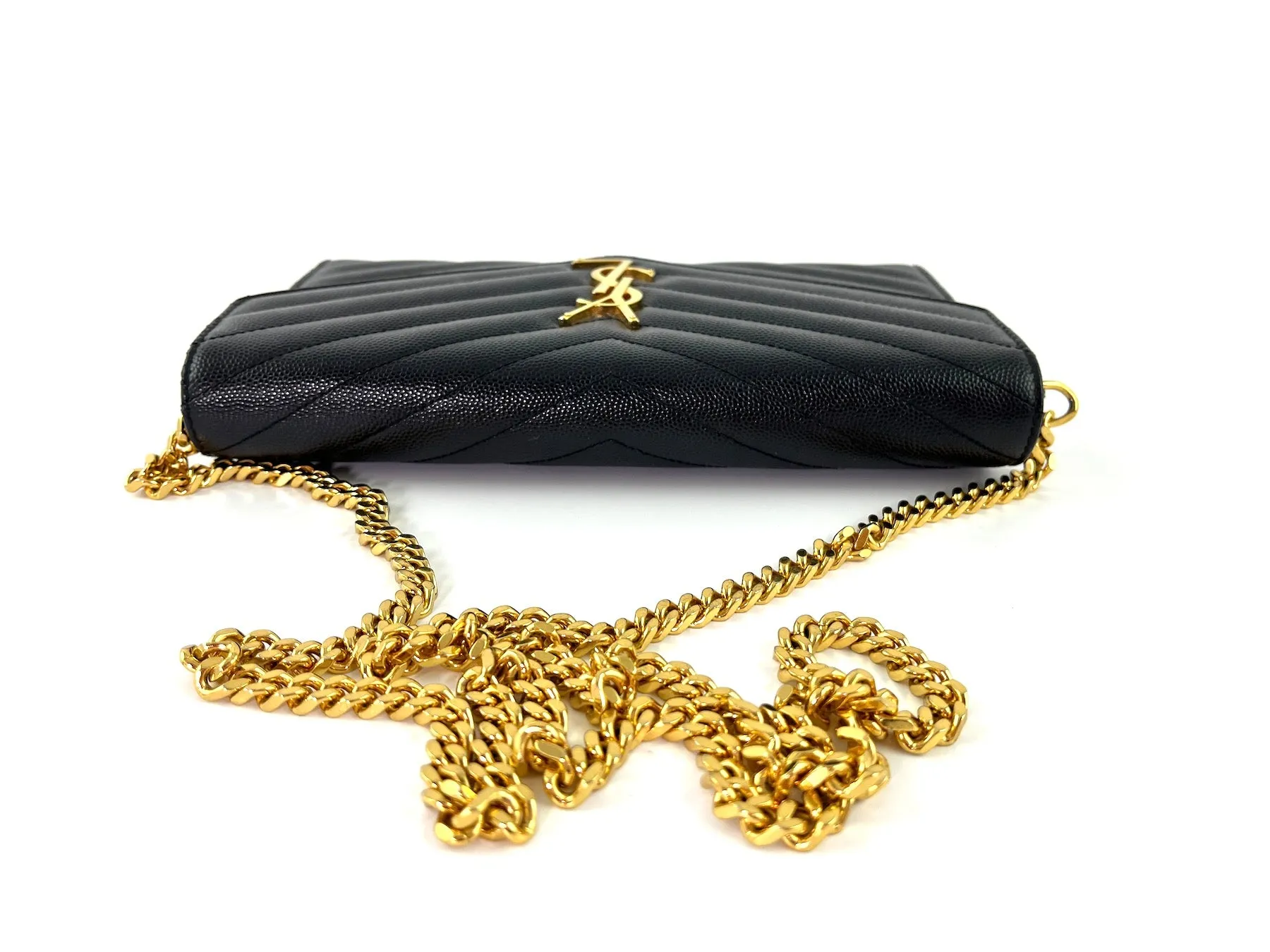 Saint Laurent Black Matelasse Envelope Wallet on Chain