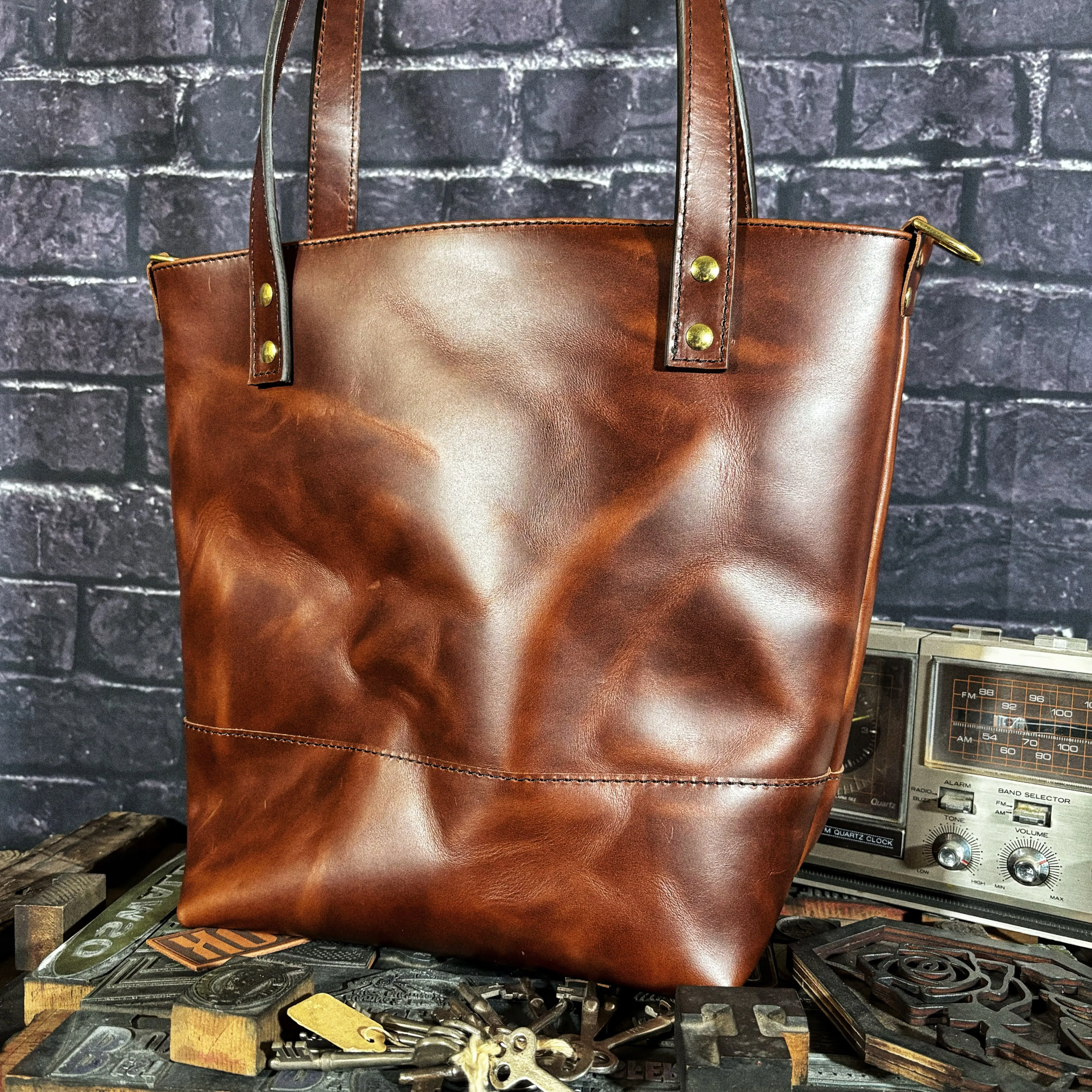 Schrock Lumber Repurposed Tool Apron Full Grain Brown Leather Tote Bag