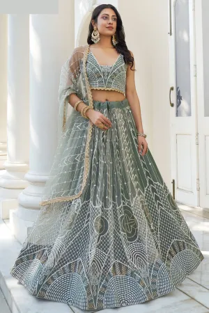 Sequins Work On Net Fabric Green Color Gorgeous Lehenga