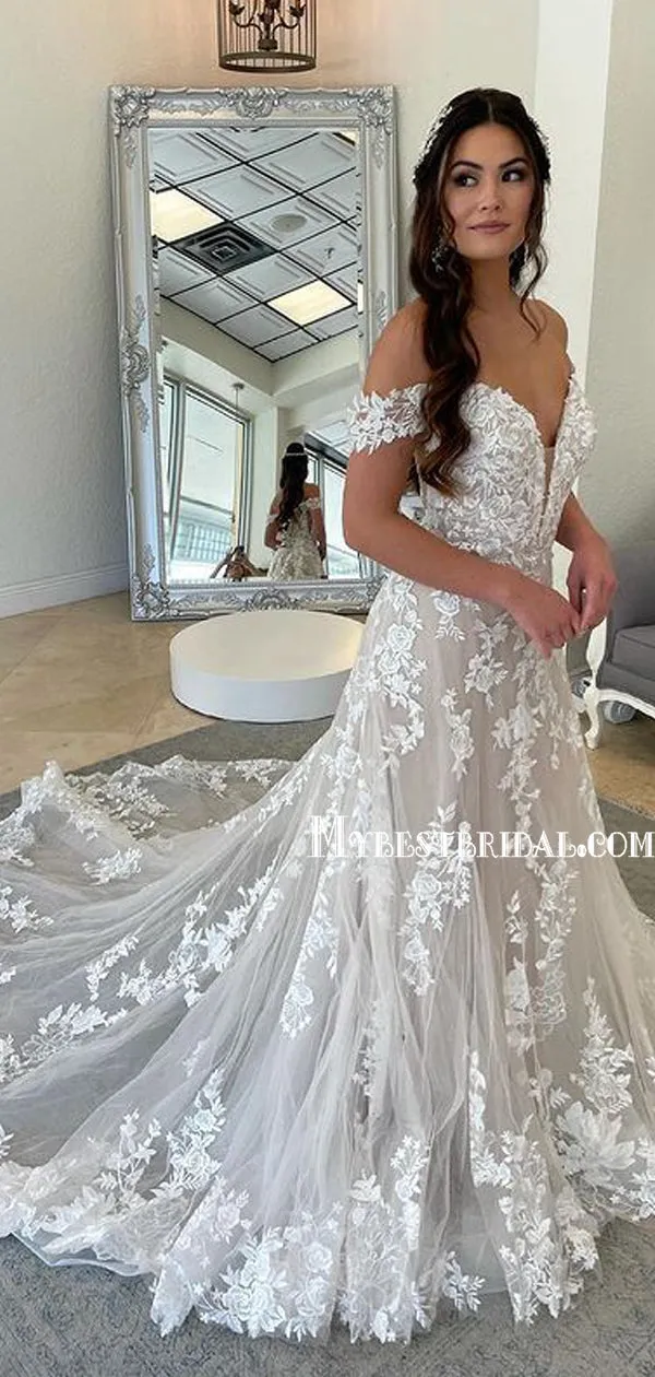 Sexy Off-shoulder Mermaid Lace Appliques Long Wedding Dresses. WDS0110