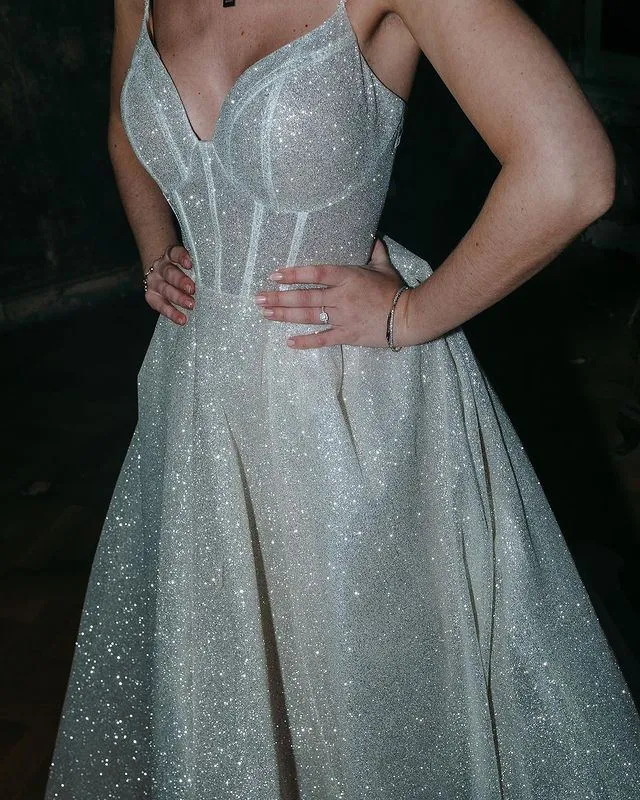 Sparkly V-neck A-line Simple Open Back Wedding Dresses With Long Train. WDS0104