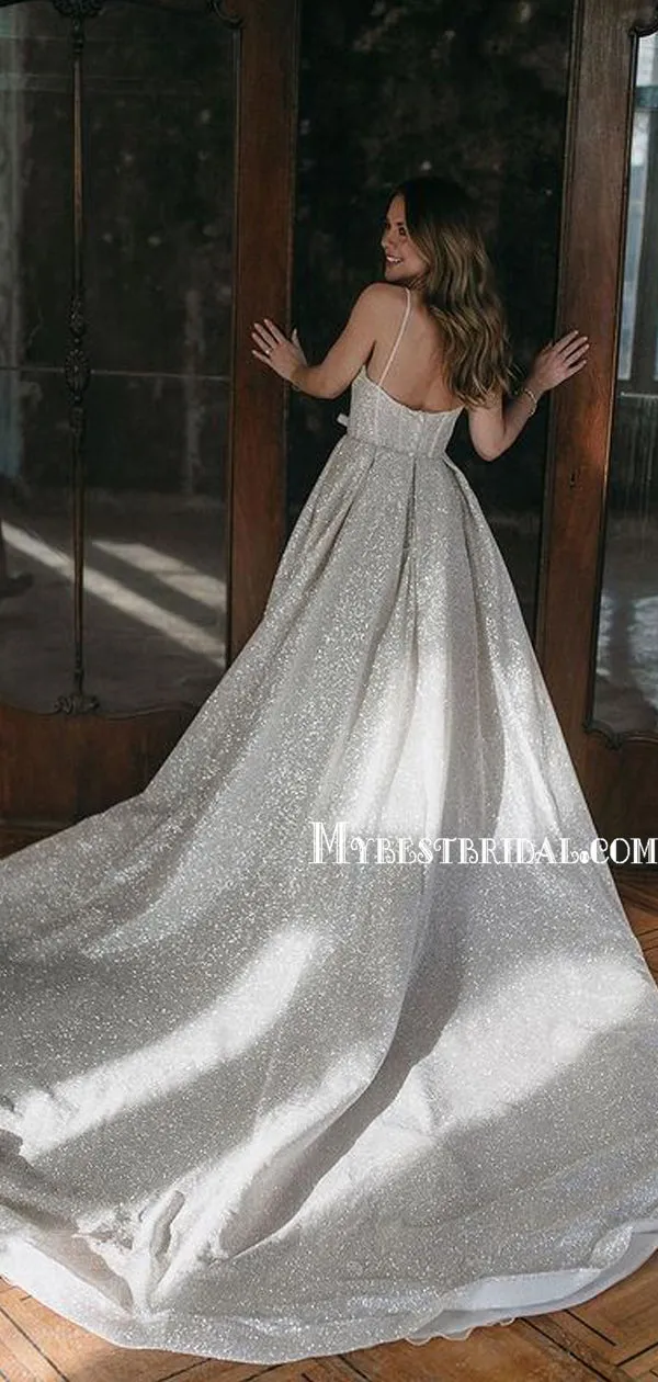 Sparkly V-neck A-line Simple Open Back Wedding Dresses With Long Train. WDS0104