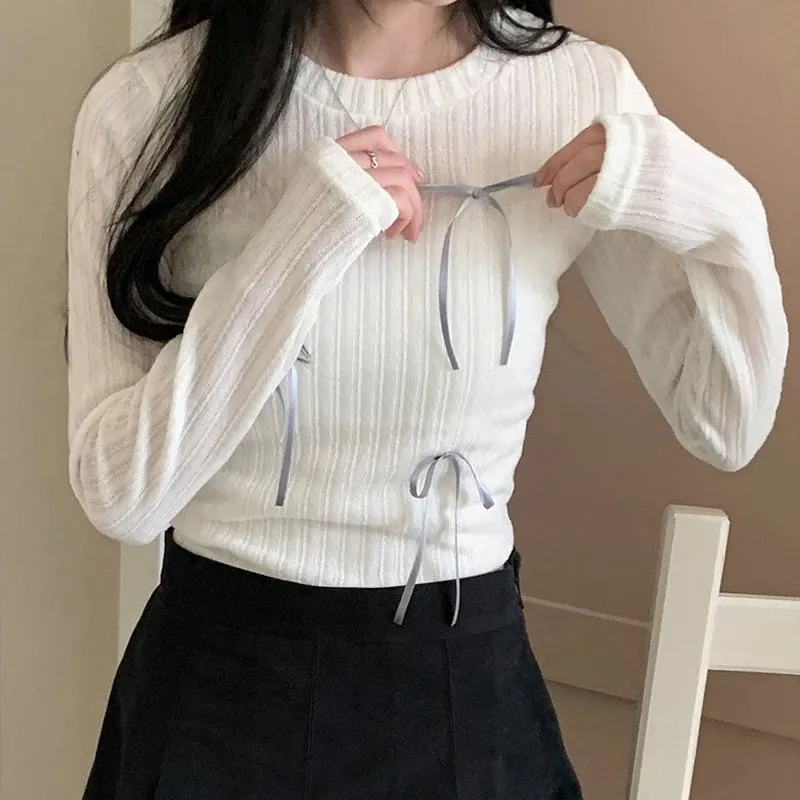 Sweet Bow Knit Spring Top Long Sleeve Pink Bow Cutecore Korean Style Women's Tee Shirts Coquett Clothes Basic Outfits