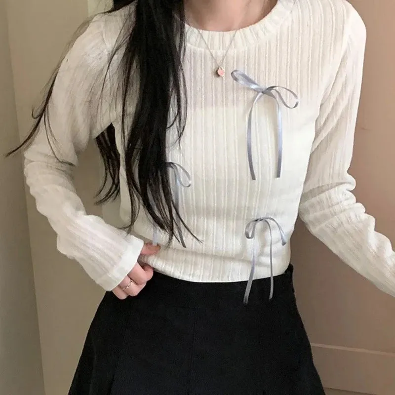 Sweet Bow Knit Spring Top Long Sleeve Pink Bow Cutecore Korean Style Women's Tee Shirts Coquett Clothes Basic Outfits
