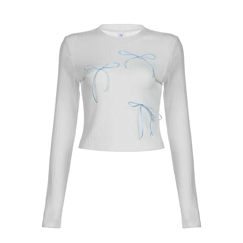 Sweet Bow Knit Spring Top Long Sleeve Pink Bow Cutecore Korean Style Women's Tee Shirts Coquett Clothes Basic Outfits