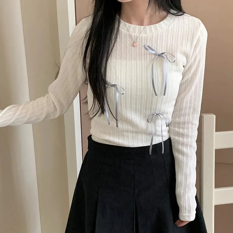 Sweet Bow Knit Spring Top Long Sleeve Pink Bow Cutecore Korean Style Women's Tee Shirts Coquett Clothes Basic Outfits